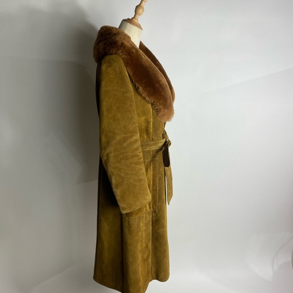 VINTAGE Genuine Suede Penny Lane Faux Fur Trim Belted Trench Coat Brown Small - Picture 5 of 12